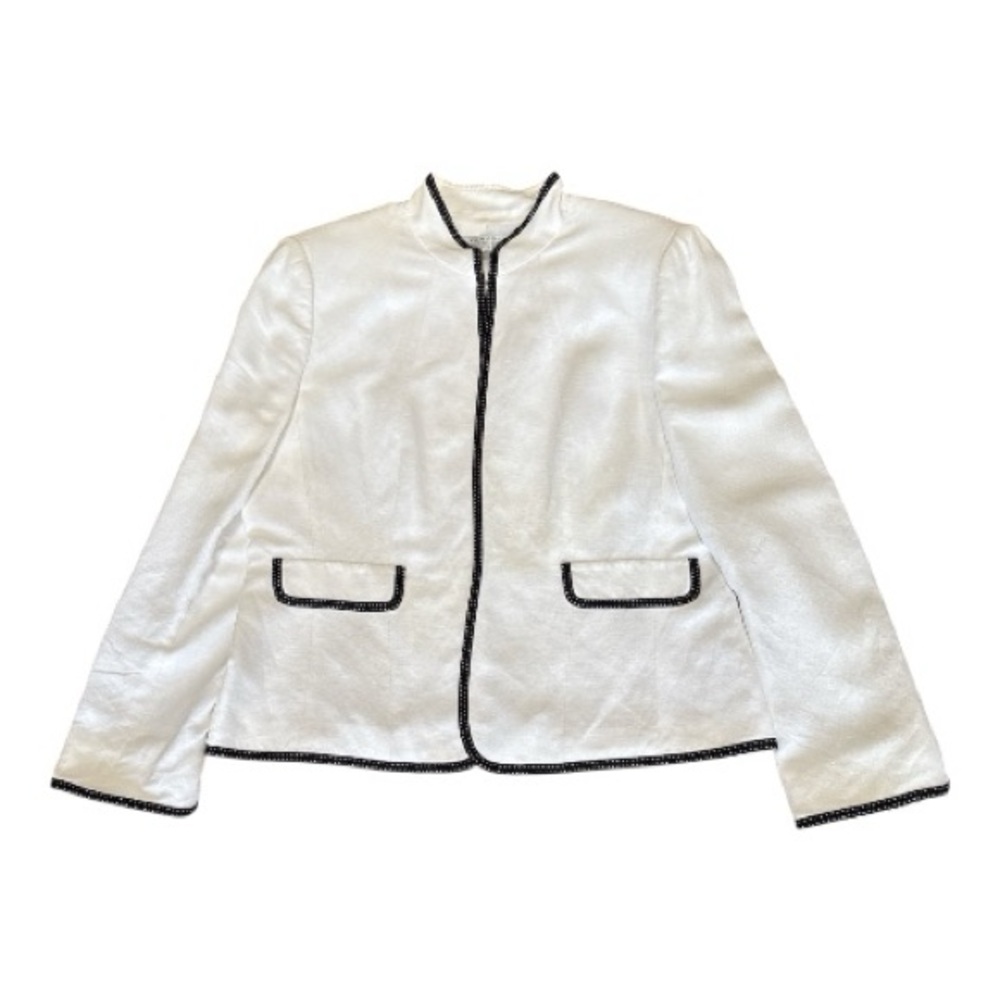 TAHARI ARTHUR LEVINE TAILORED WHITE LINEN/RAYON JACKET WITH BLACK TRIM SZ 12P